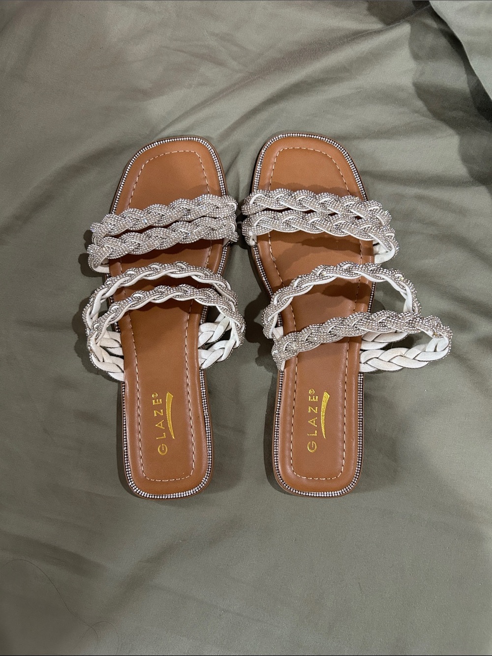 Glaze Women's White Braided Slide Sandals with Sparkle Straps